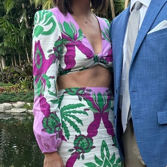 New Caroline Constas Floral Print Long Sleeve Linen Blend Crop Top NWT Large - Picture 2 of 11